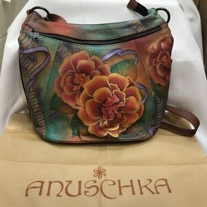 Anuschka Large Hand Painted Floral Leather Crossbody Shoulder Handbag